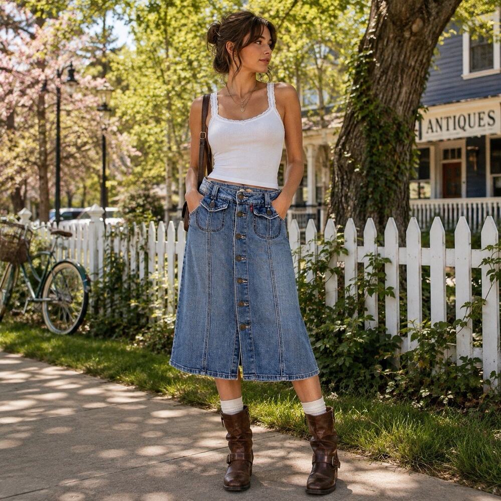 Vintage Levi's Jean Skirt Sz 10 Button Front Denim Midi Pockets 90s Retro Mod